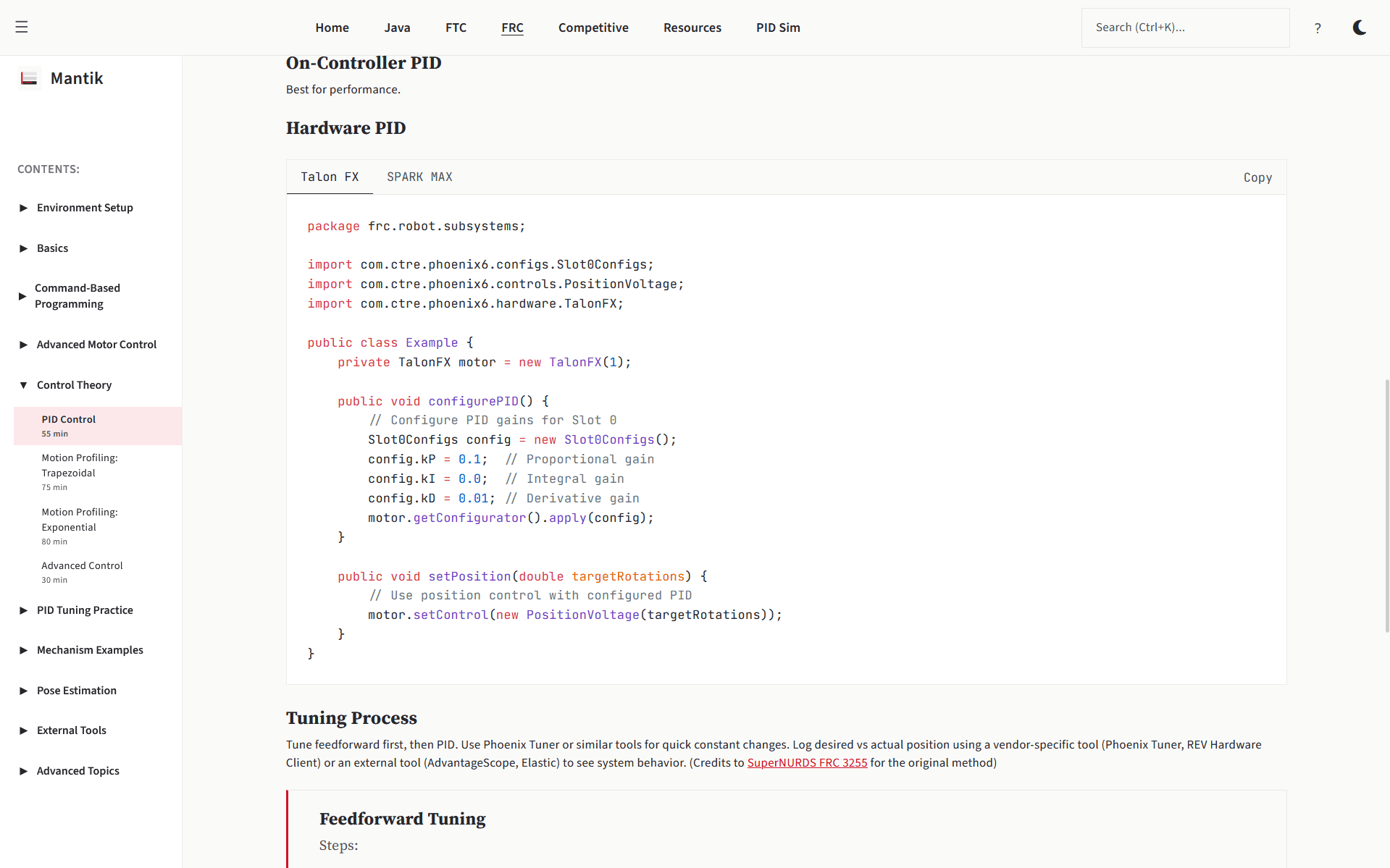 A Mantik FRC lesson on on-controller PID, showing a Talon FX code example inside the curriculum's lesson sidebar