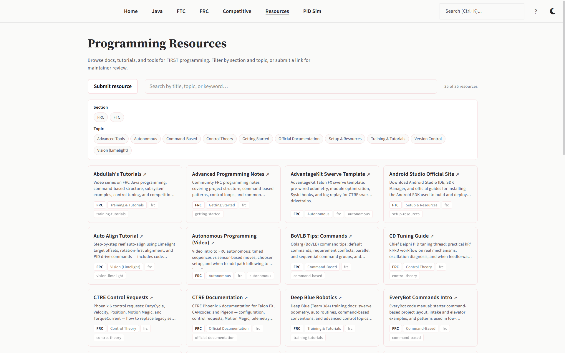 Mantik's Programming Resources page, a searchable, filterable library of 35 FRC and FTC docs, tutorials, and tools
