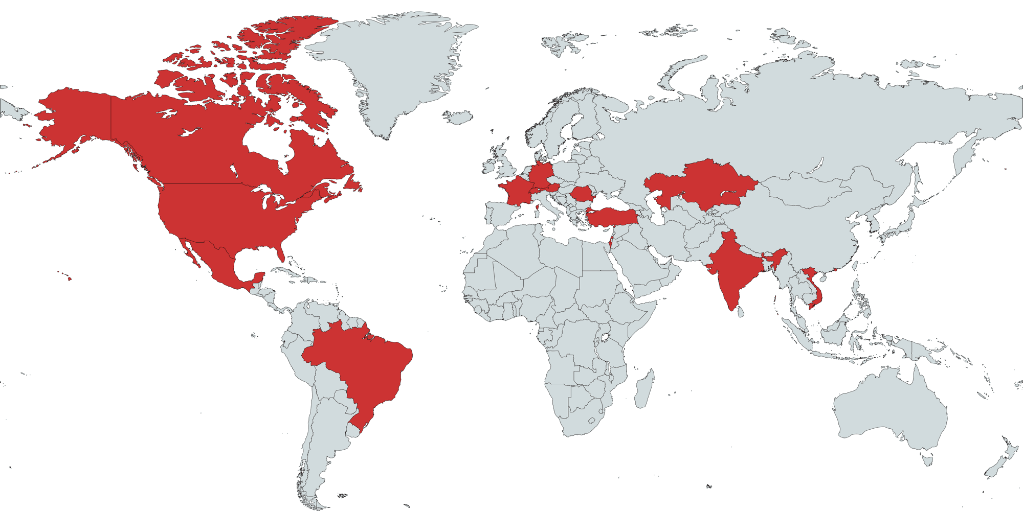A world map with the United States, Canada, Mexico, Brazil, France, Germany, Italy, Turkey, Kazakhstan, India, Bangladesh, and Vietnam highlighted