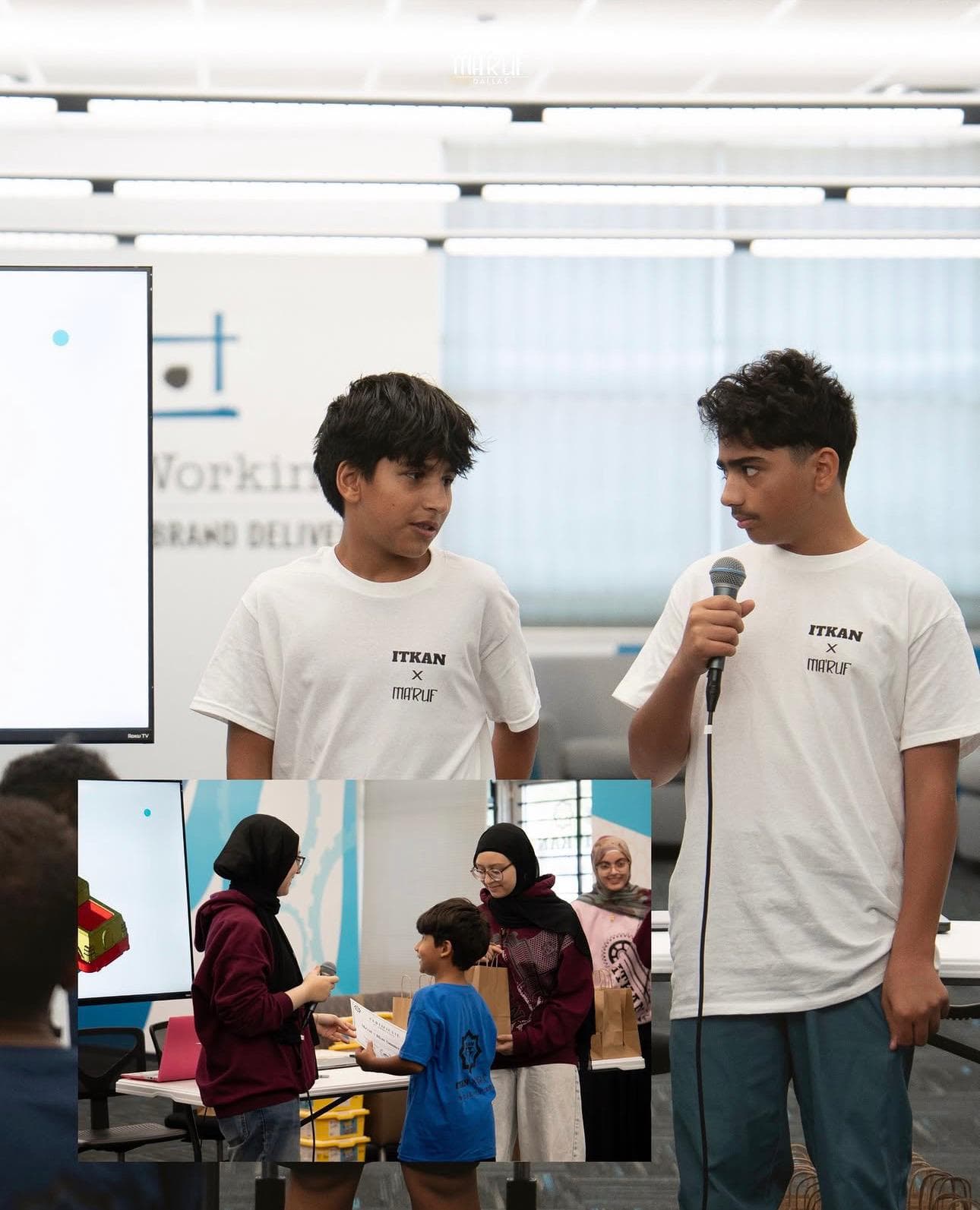 Students take the microphone to present their work.