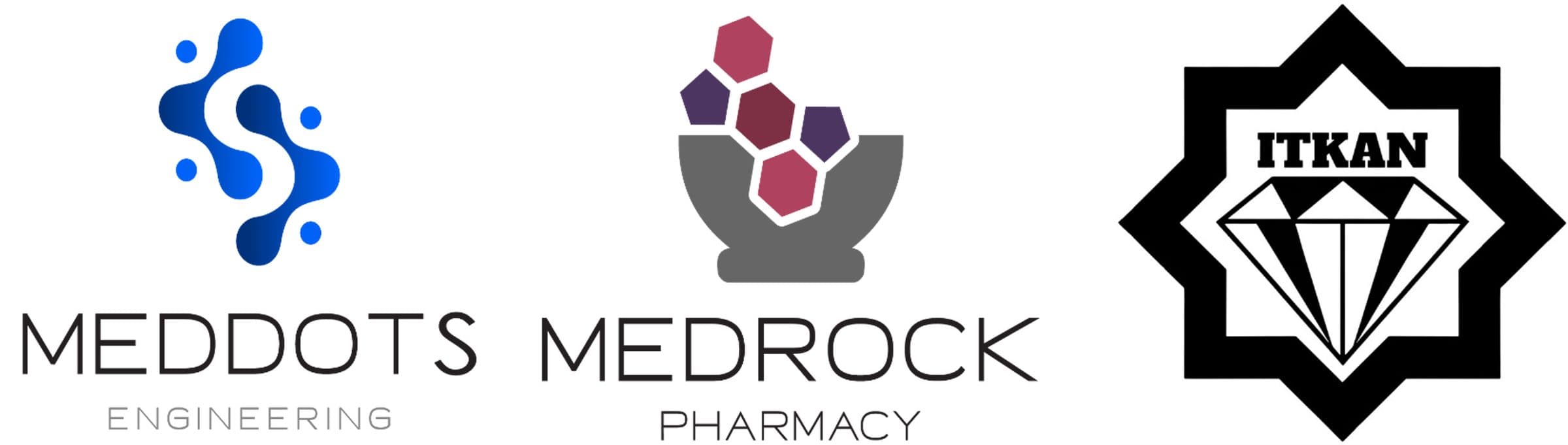 The MedDots Engineering, Medrock Pharmacy and ITKAN logos side by side