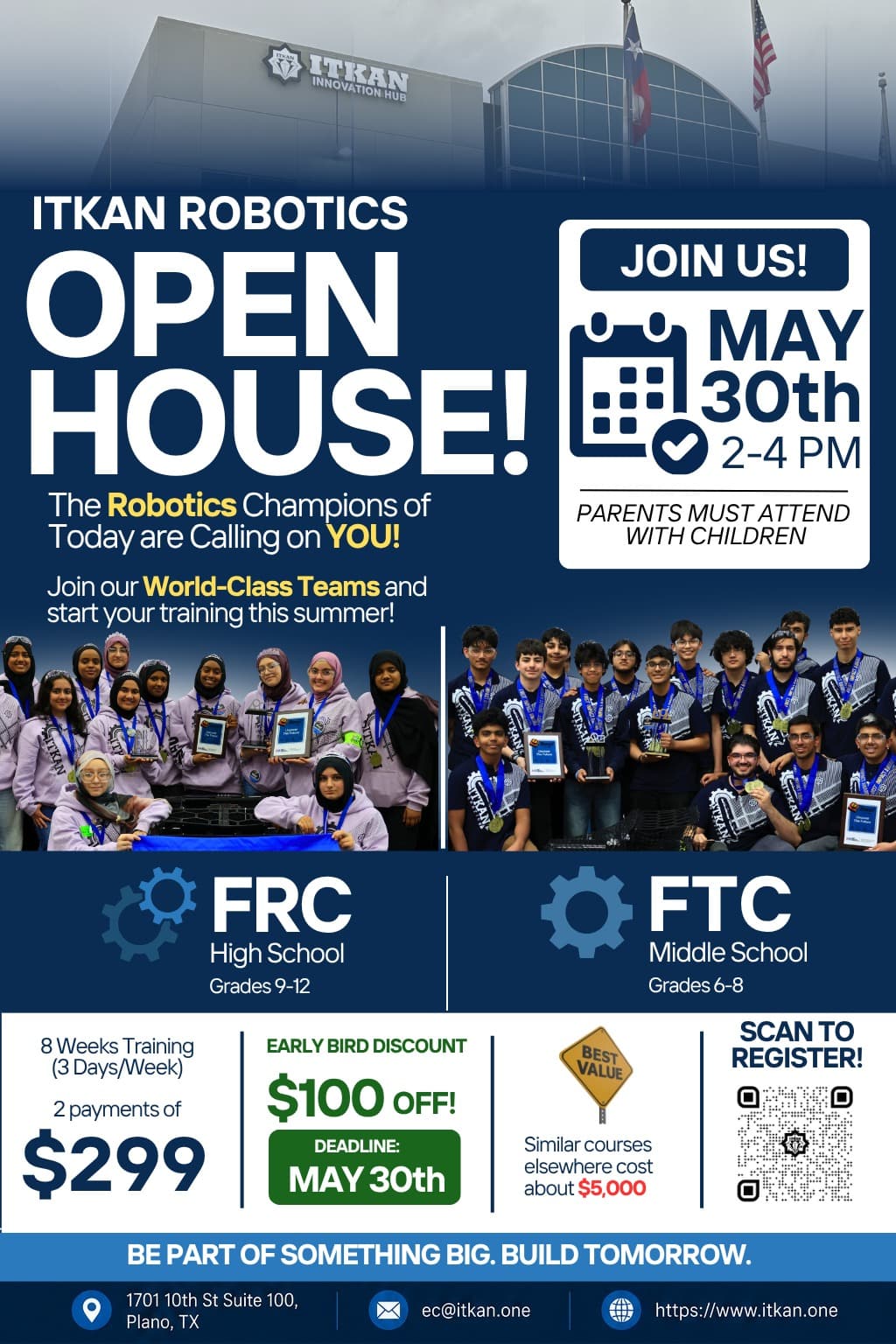 ITKAN Robotics Open House flyer, May 30th, 2–4 PM, ITKAN Innovation Hub, Plano TX