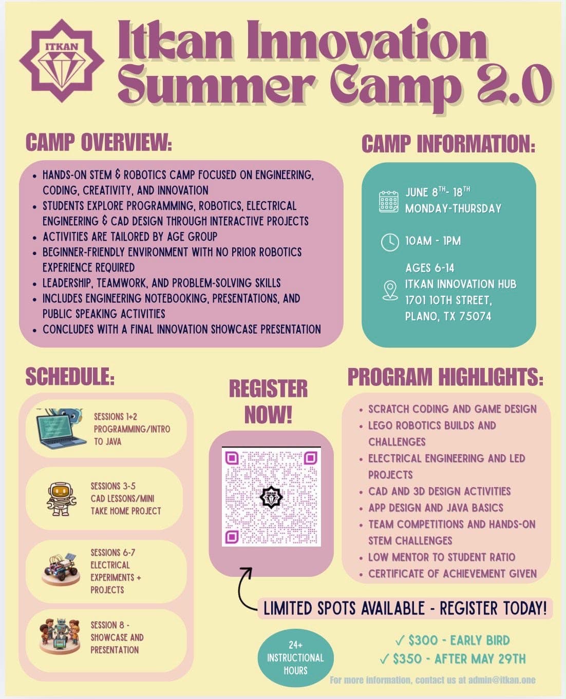 ITKAN Innovation Summer Camp 2.0 flyer — June 8–18, ages 6–14, ITKAN Innovation Hub, Plano TX