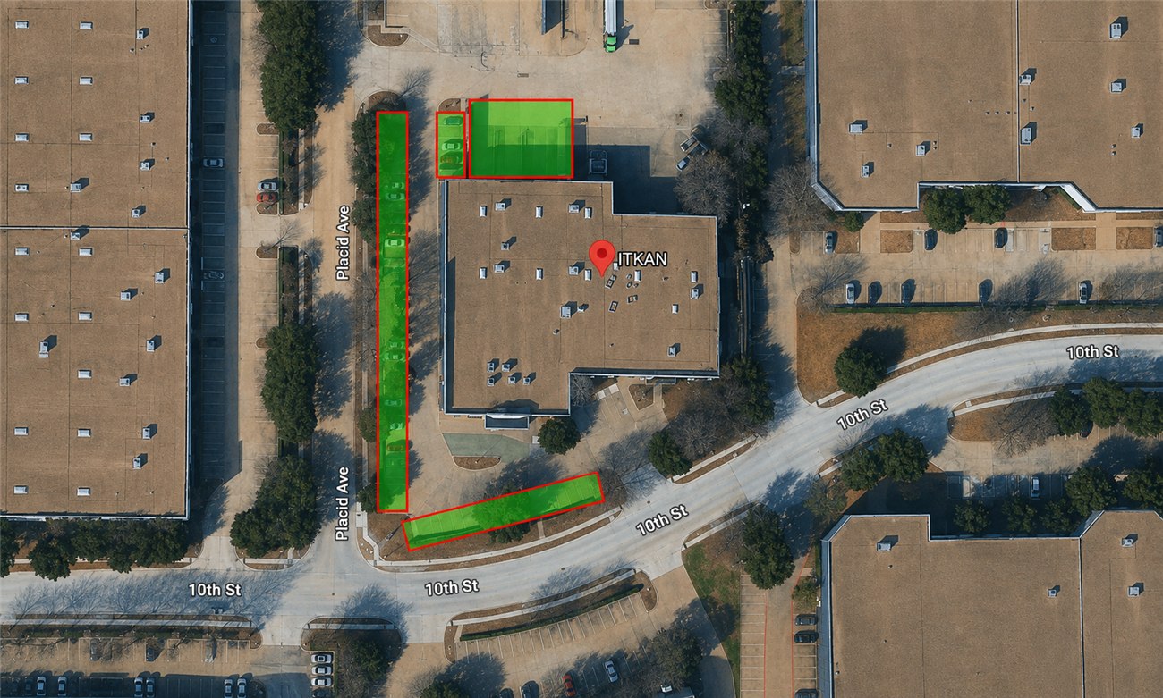 Parking map with highlighted lots along Placid Ave and 10th St